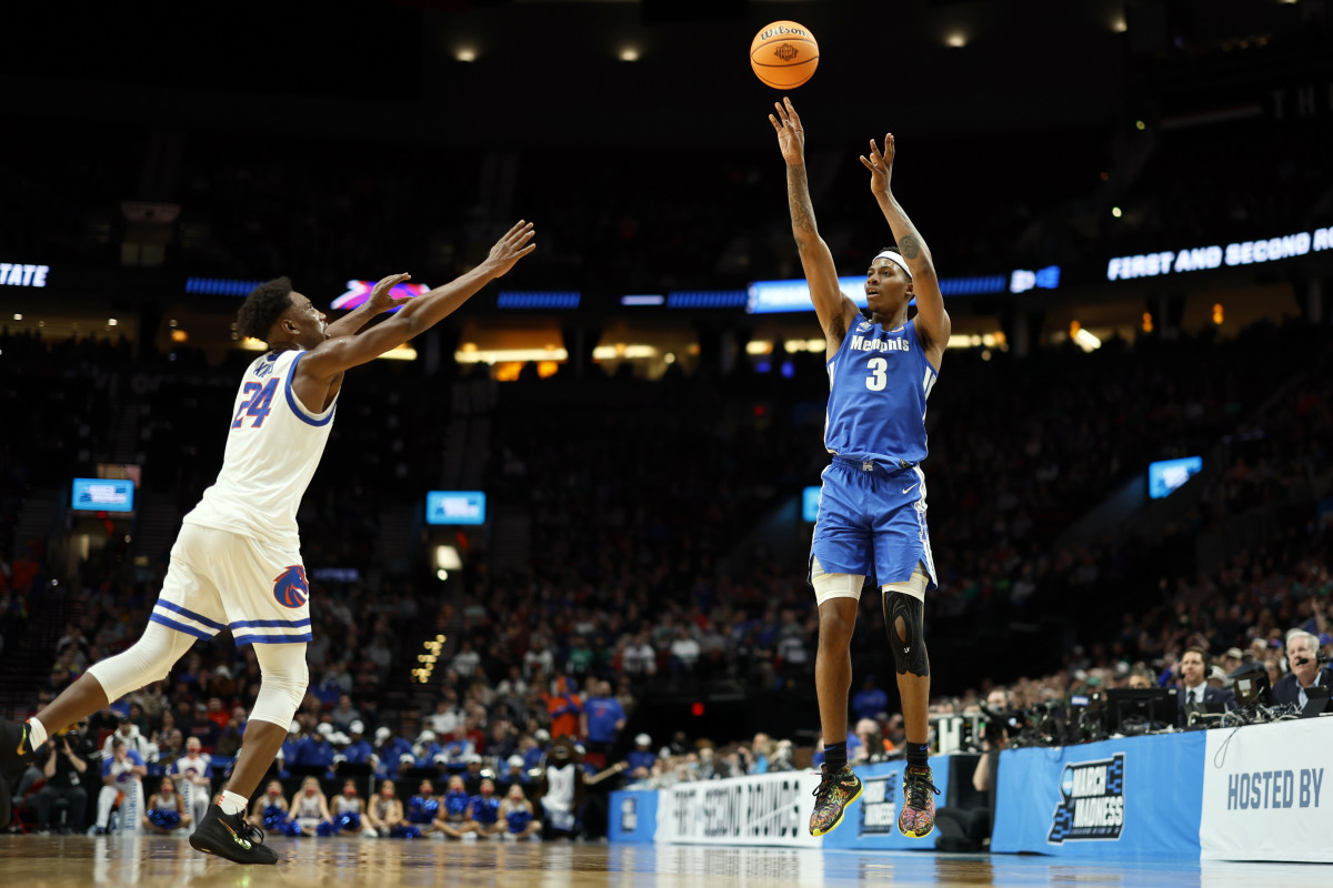Mar 17, 2022; Portland, OR, USA; Memphis Tigers guard Landers Nolley II (3) shoots against Boise State Broncos forward Abu Kigab (24) in the second half during the first round of the 2022 NCAA Tournament at Moda Center. Mandatory Credit: Soobum Im-USA TODAY Sports